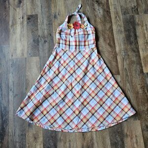 Gymboree Y2K ISLAND GETAWAY Plaid Haltar Sun Dress Tiered Floral Applique Sz.10